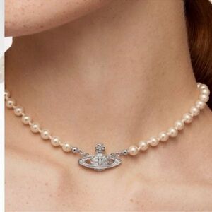 pearl silver crystal Saturn orb necklace New